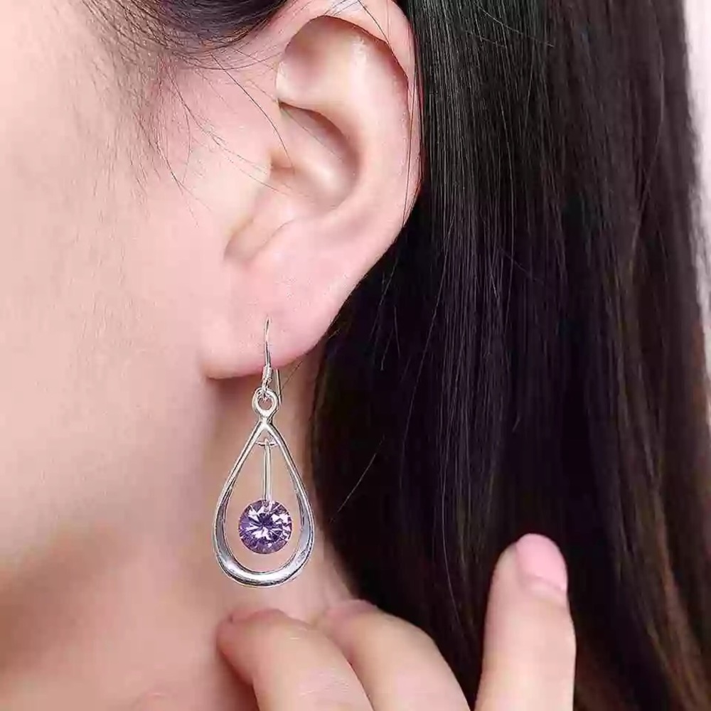 Purple stone silver dangle drop earrings